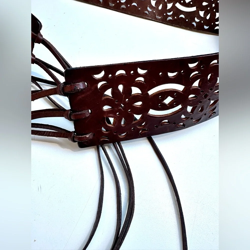 Elegant Leather Cutout Belt, Fringe Ties, Dark Brown